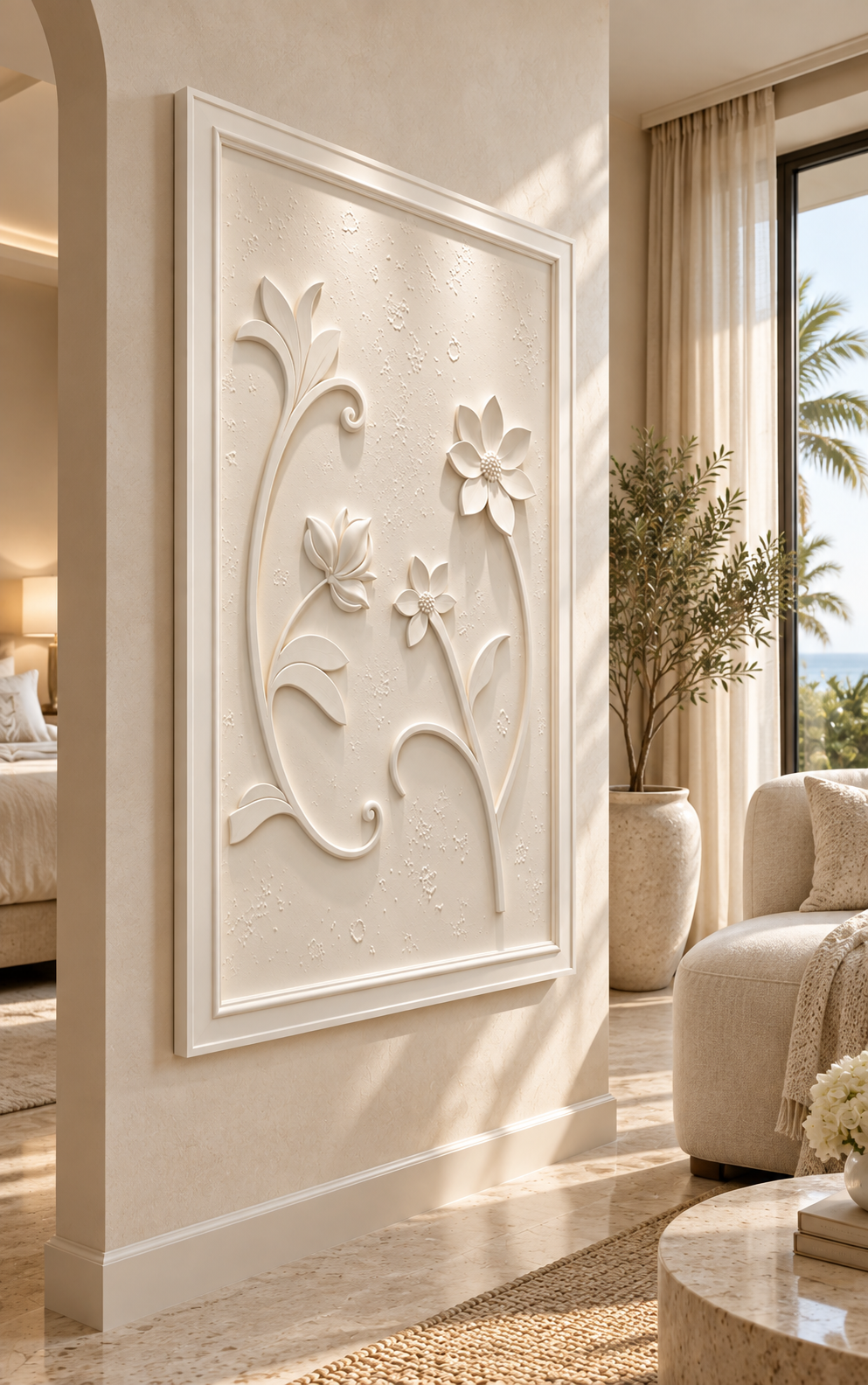 Poised Stem Trio Corian Wall Panel, left view in the Juhu bedroom sitting area