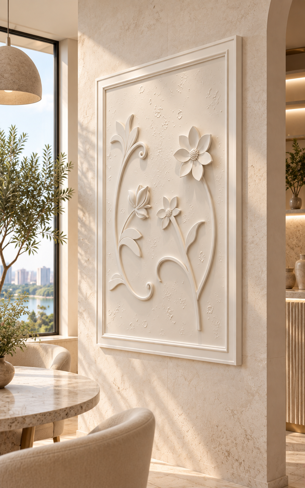 Poised Stem Trio Corian Wall Panel, right view in the Powai breakfast lounge