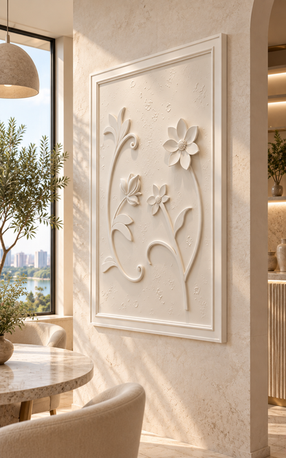 Poised Stem Trio Corian Wall Panel, right view in the Powai breakfast lounge
