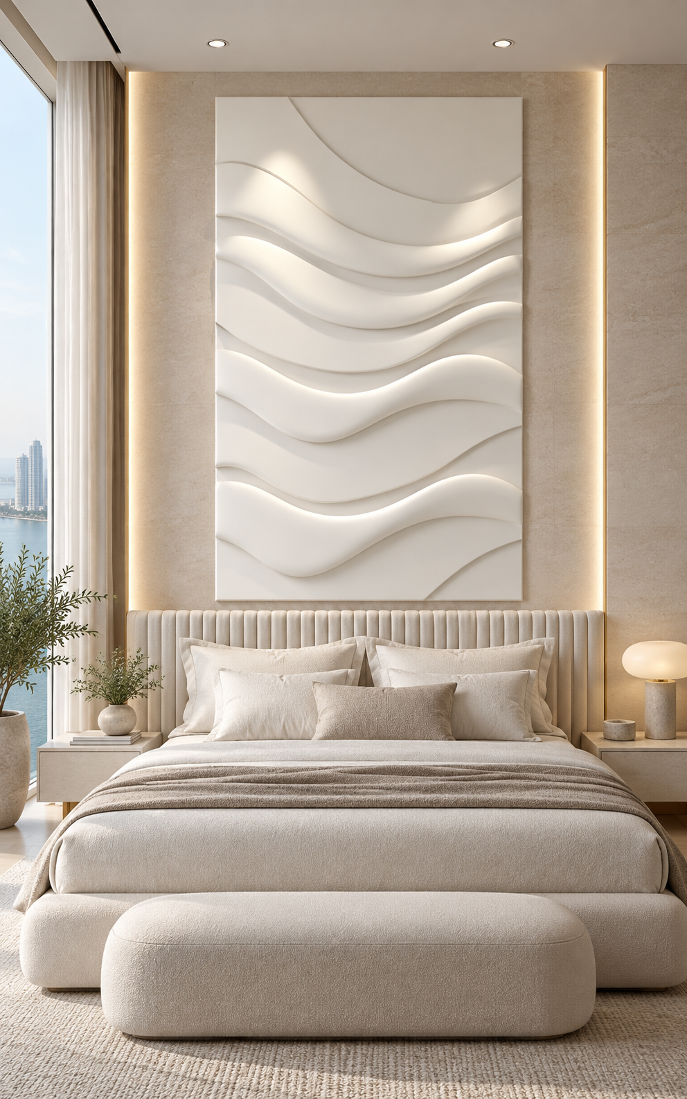 Horizon Wave Relief Corian Wall Panel, front view in the Worli master bedroom