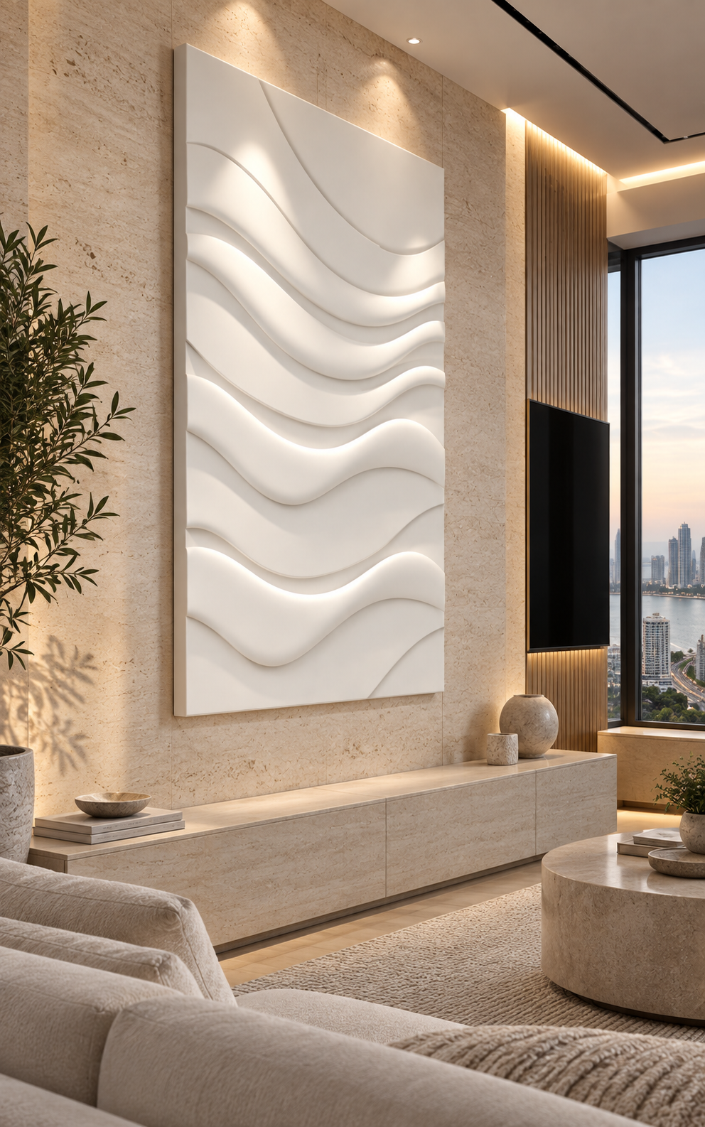 Horizon Wave Relief Corian Wall Panel, left view in the Bandra media room