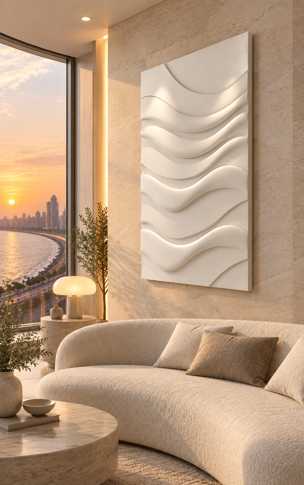 Horizon Wave Relief Corian Wall Panel, right view in the Marine Drive living alcove