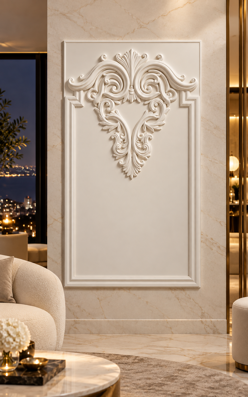 Acanthus Heart Crest Corian Wall Panel, front view in the Malabar Hill cocktail salon