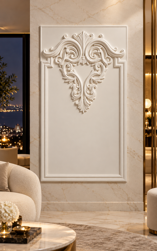 Acanthus Heart Crest Corian Wall Panel, front view in the Malabar Hill cocktail salon