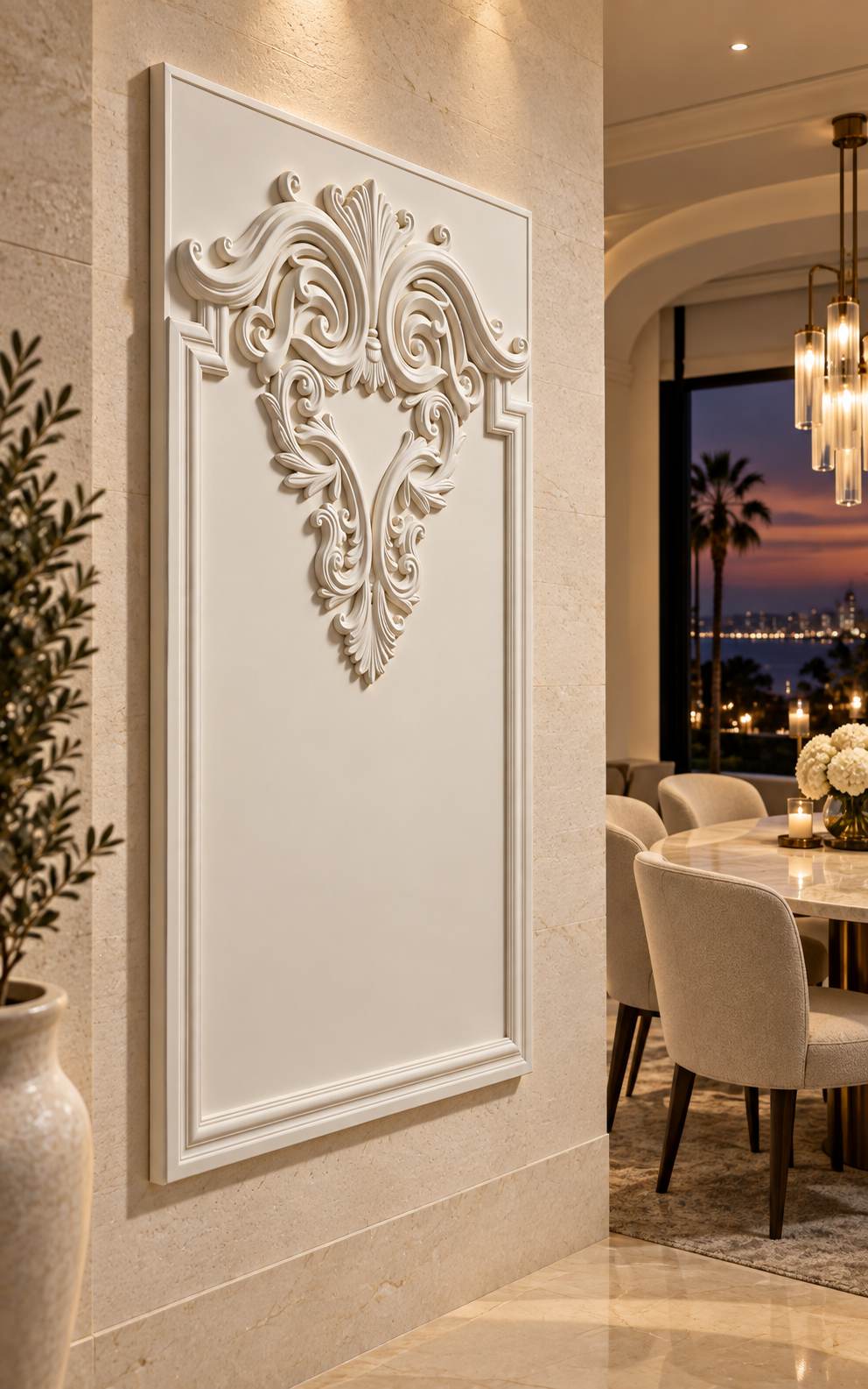 Acanthus Heart Crest Corian Wall Panel, left view in the Juhu dining gallery
