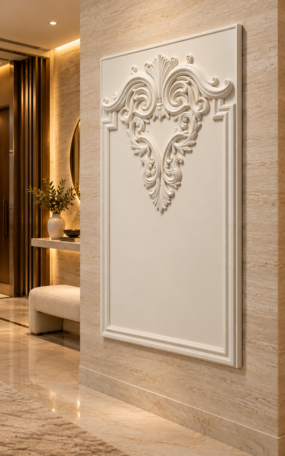 Acanthus Heart Crest Corian Wall Panel, right view in the South Mumbai entrance hall