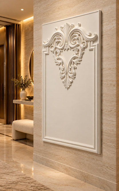 Acanthus Heart Crest Corian Wall Panel, right view in the South Mumbai entrance hall