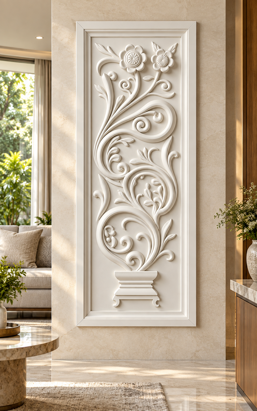 Pedestal Vine Flourish Corian Wall Panel, front view in the Ghatkopar family lounge