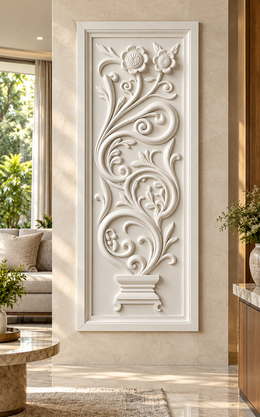 Pedestal Vine Flourish Corian Wall Panel, front view in the Ghatkopar family lounge