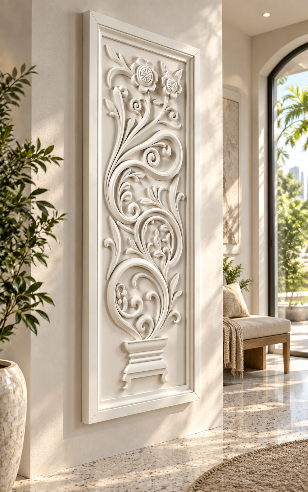 Pedestal Vine Flourish Corian Wall Panel, left view in the Powai sunlit foyer