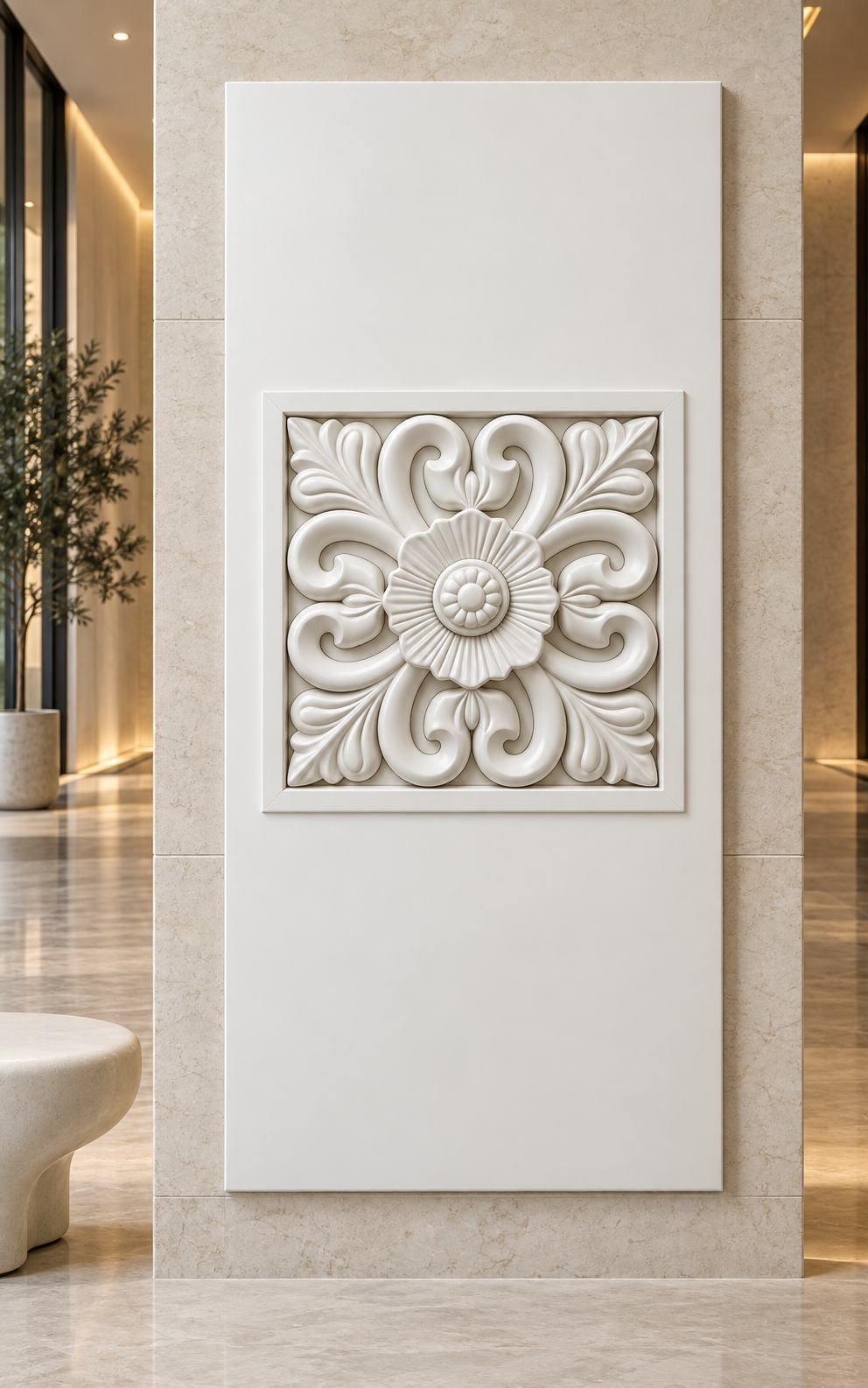 Rosette Scroll Medallion Corian Wall Panel, front view in the Lower Parel art lobby