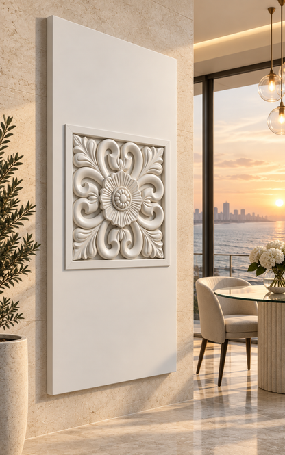 Rosette Scroll Medallion Corian Wall Panel, left view in the Marine Drive dining alcove