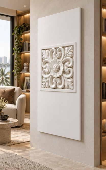 Rosette Scroll Medallion Corian Wall Panel, right view in the Bandra library lounge