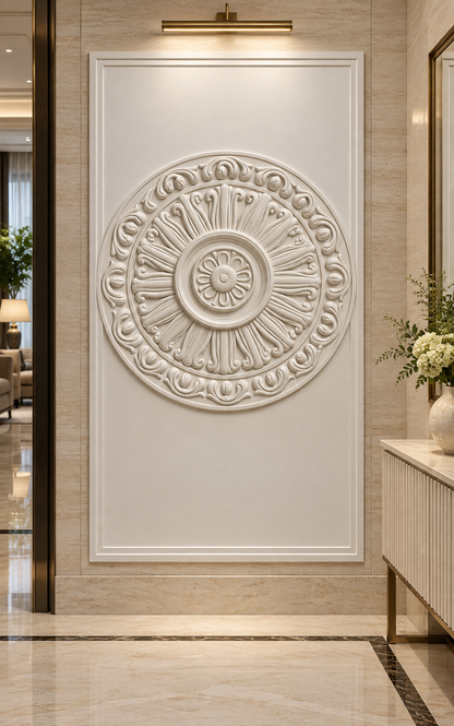 Radiant Acanthus Roundel Corian Wall Panel, front view in the South Mumbai formal foyer