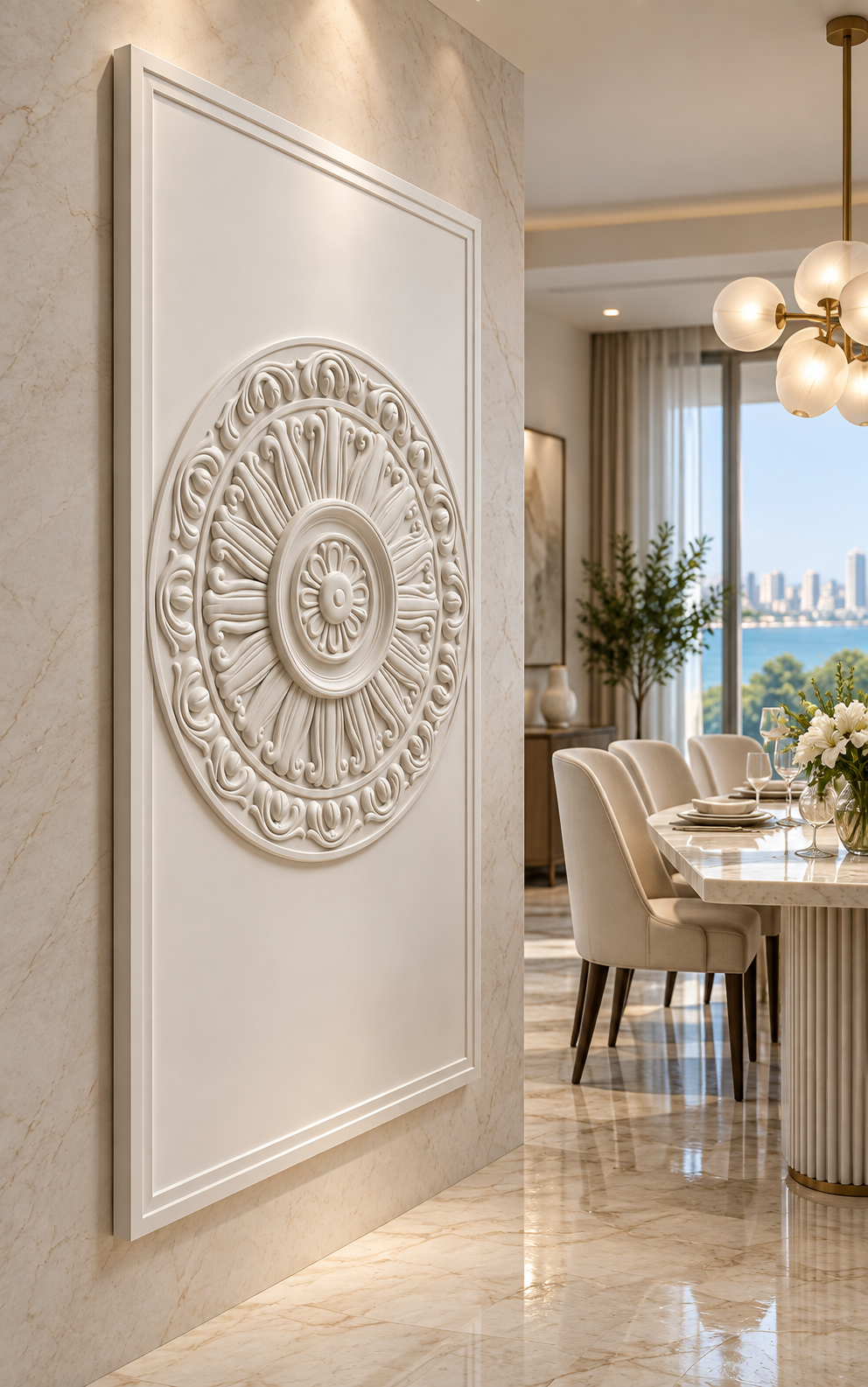 Radiant Acanthus Roundel Corian Wall Panel, left view in the Malabar Hill dining gallery
