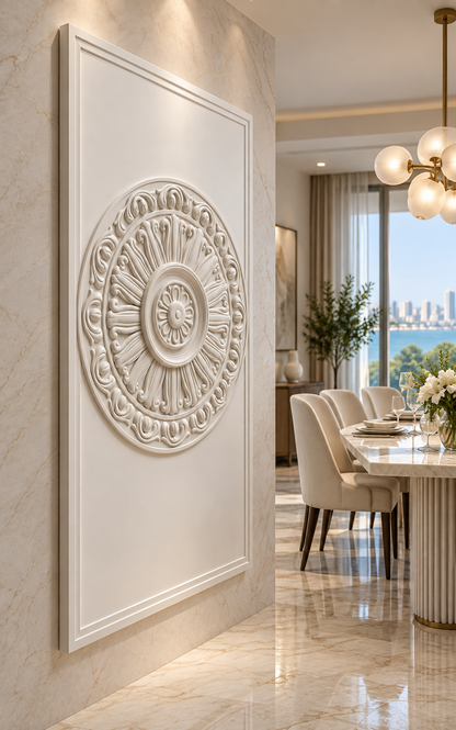 Radiant Acanthus Roundel Corian Wall Panel, left view in the Malabar Hill dining gallery