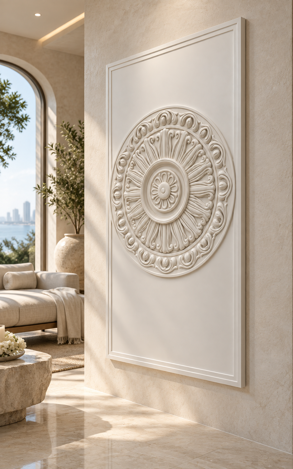 Radiant Acanthus Roundel Corian Wall Panel, right view in the Worli wellness salon