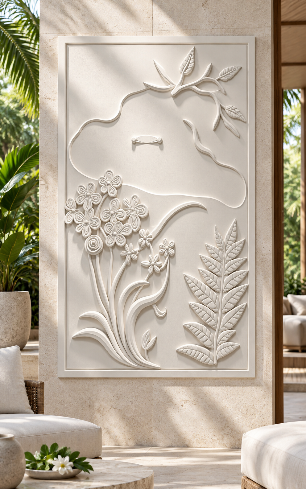 Meadow Contour Corian Wall Panel, front view in the Juhu garden lounge