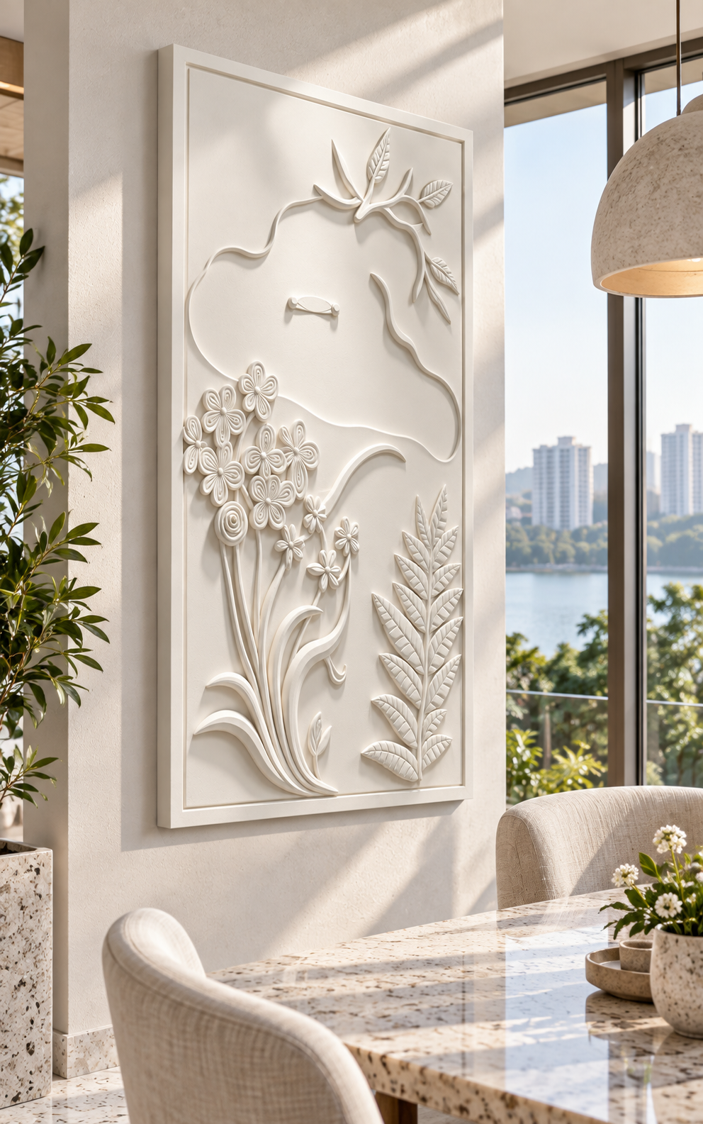 Meadow Contour Corian Wall Panel, left view in the Powai breakfast room