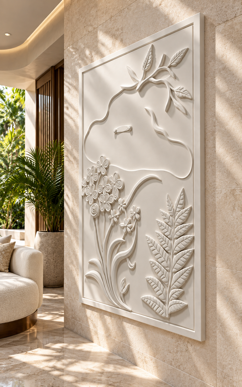 Meadow Contour Corian Wall Panel, right view in the Bandra entrance passage