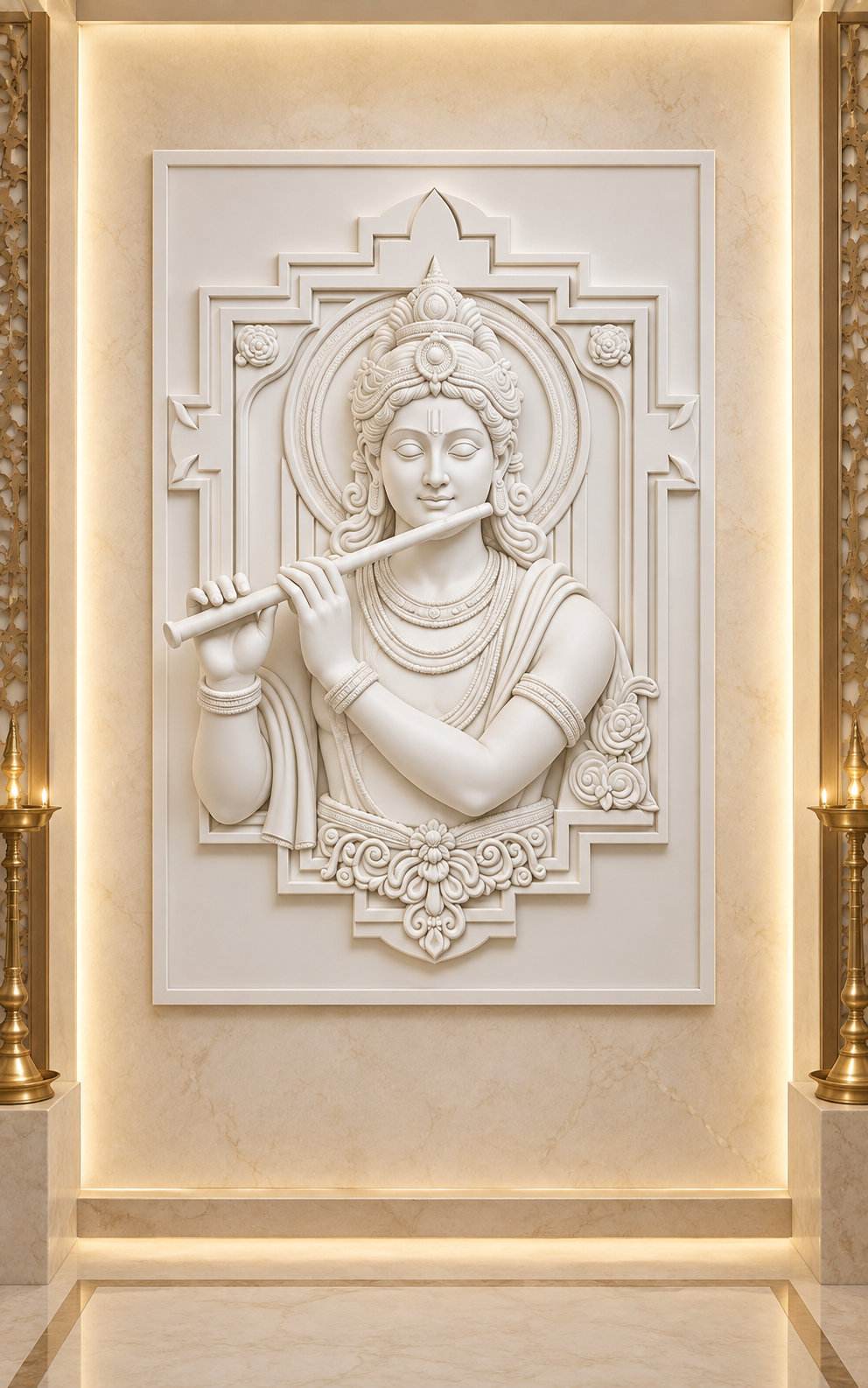 Krishna Flute Darshan Corian Wall Panel in satin white Corian, front view in a Walkeshwar puja-room entrance
