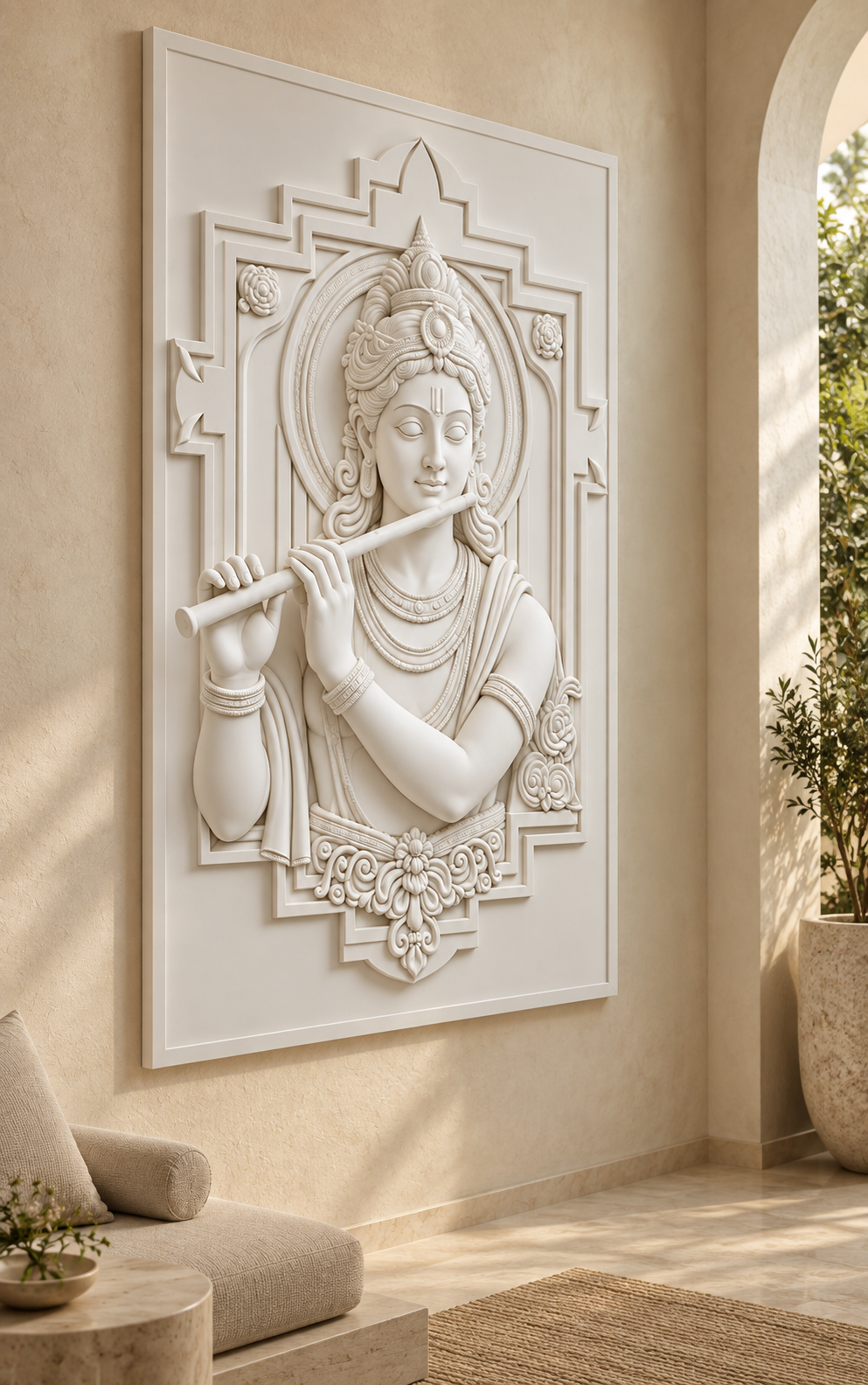Krishna Flute Darshan Corian Wall Panel in satin white Corian, left view in a Malabar Hill meditation lounge