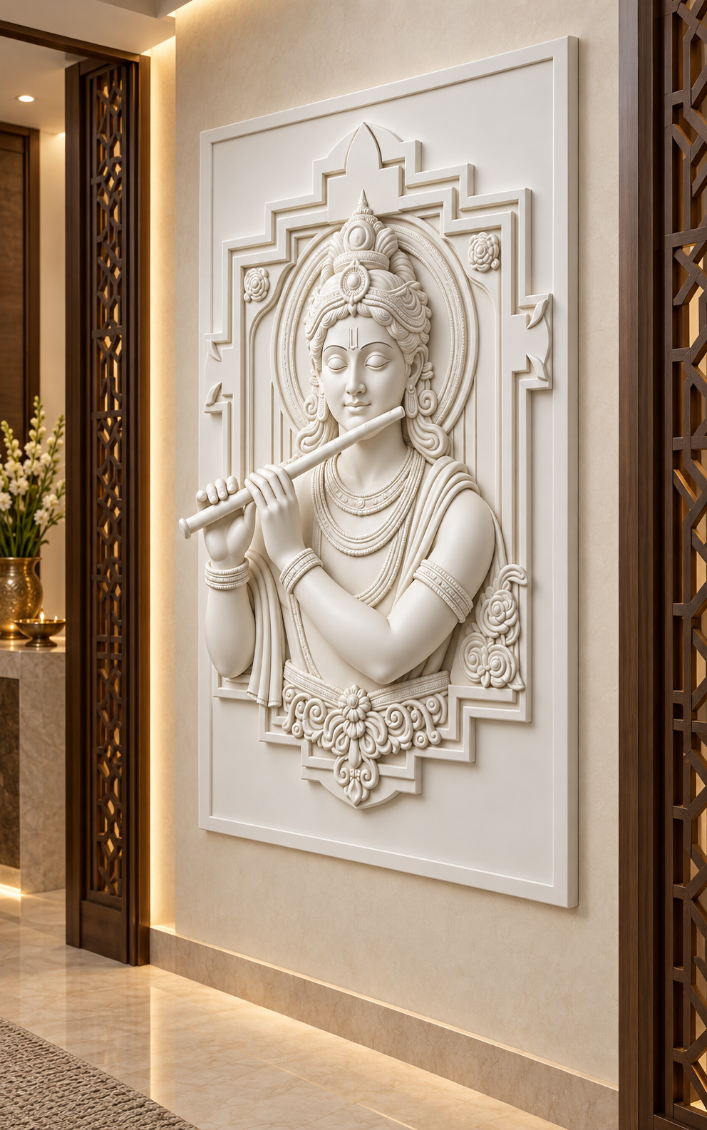 Krishna Flute Darshan Corian Wall Panel in satin white Corian, right view in a South Mumbai devotional entrance foyer