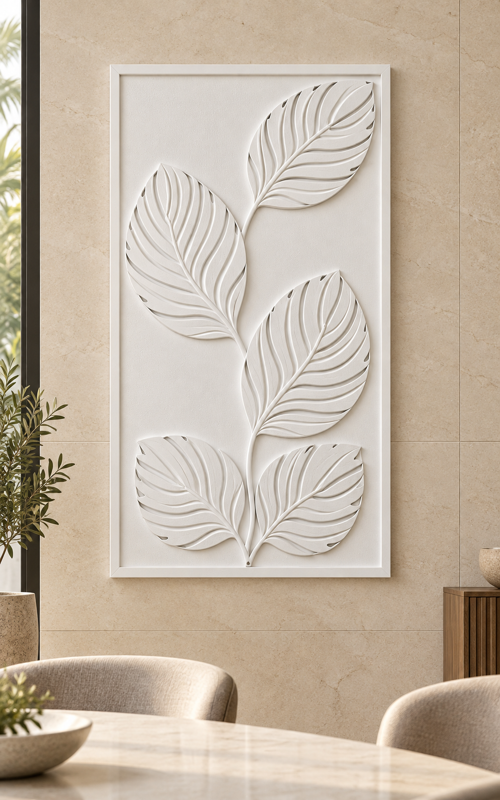 Ascending Leaf Rhythm Corian Wall Panel in satin white Corian, front view in a Bandra dining room
