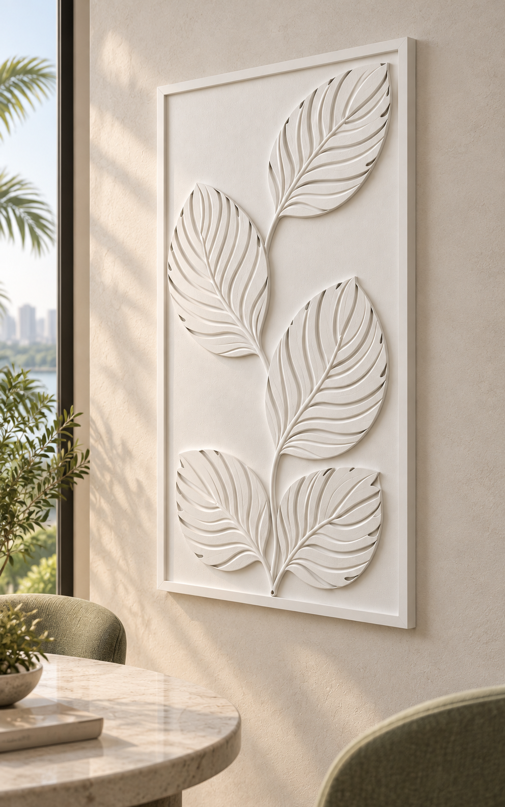 Ascending Leaf Rhythm Corian Wall Panel in satin white Corian, left view in a Powai breakfast lounge