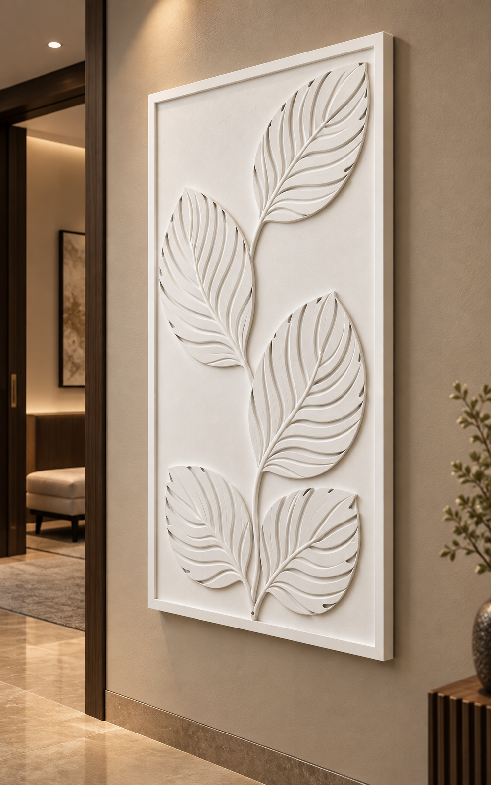 Ascending Leaf Rhythm Corian Wall Panel in satin white Corian, right view in a Worli bedroom vestibule