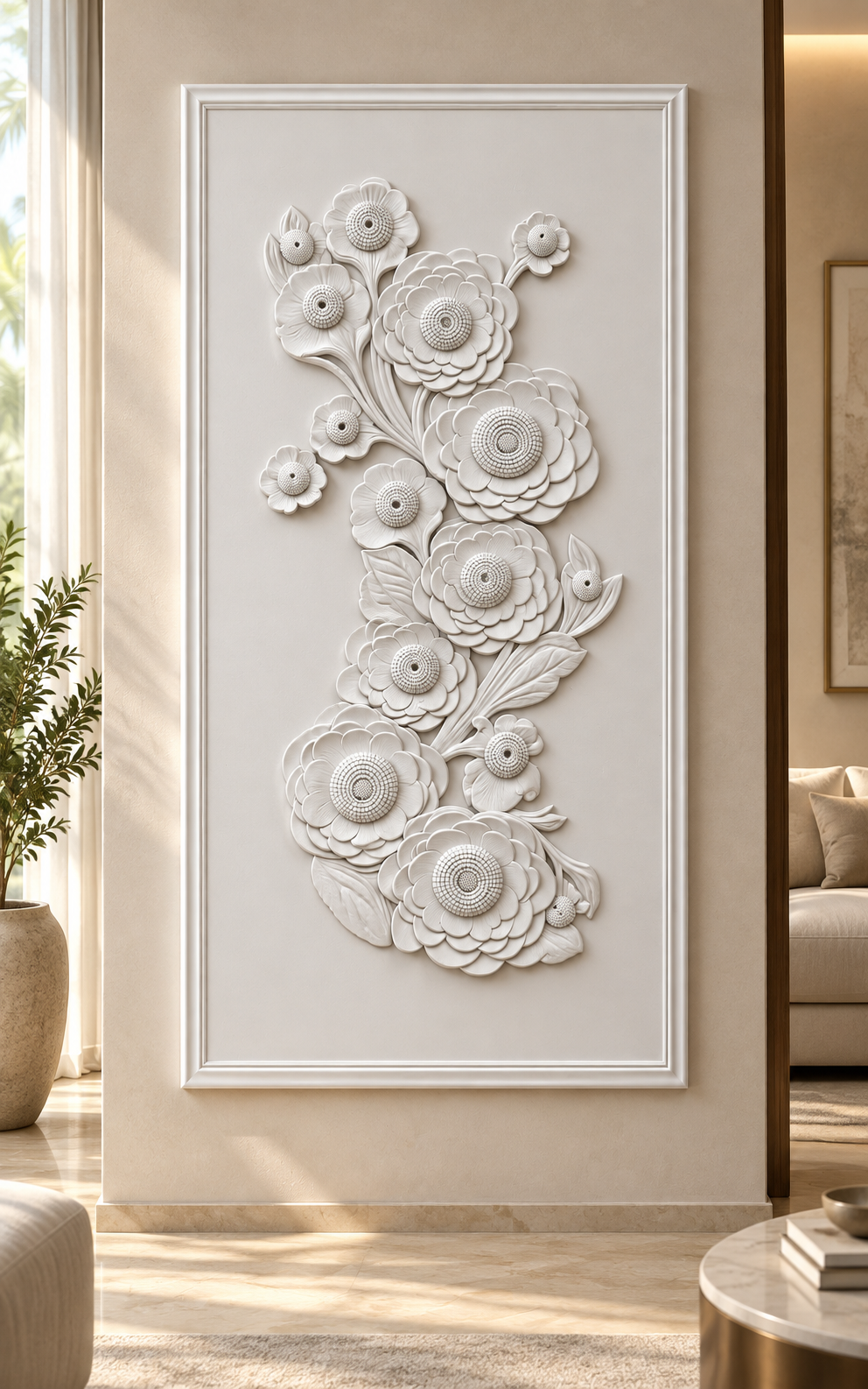 Cascade Bloom Garland Corian Wall Panel in satin white Corian, front view in a Juhu drawing room