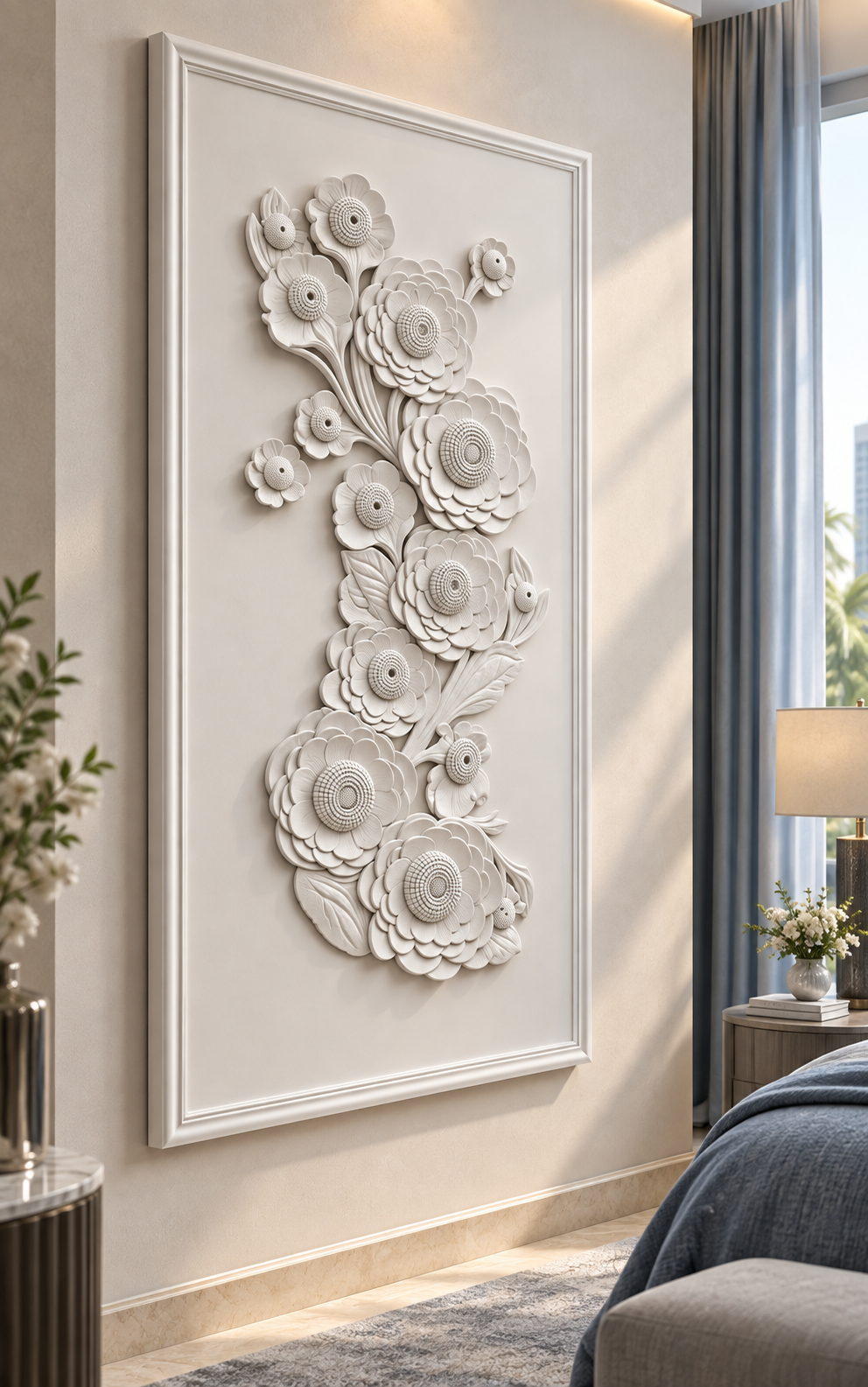 Cascade Bloom Garland Corian Wall Panel in satin white Corian, left view in a Cuffe Parade master bedroom