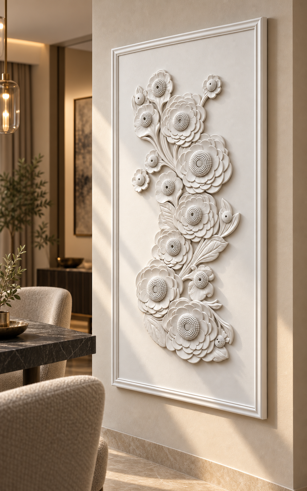 Cascade Bloom Garland Corian Wall Panel in satin white Corian, right view in a Pali Hill dining salon