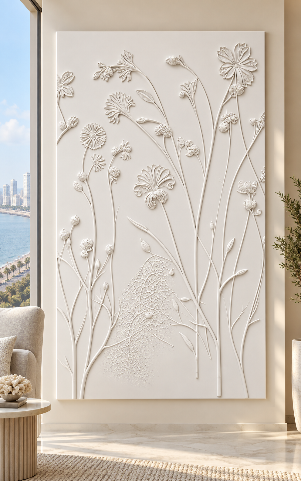 Meadow Stem Reverie Corian Wall Panel in satin white Corian, front view in a Marine Drive reading lounge