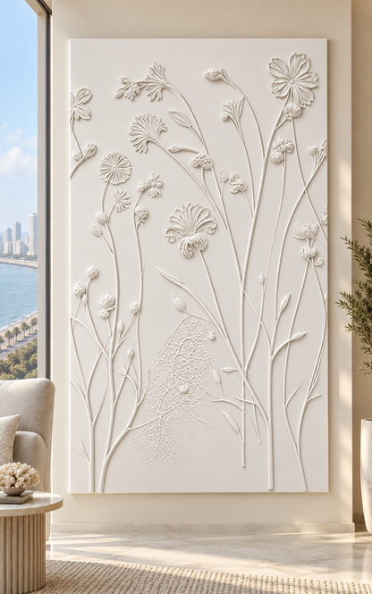 Meadow Stem Reverie Corian Wall Panel in satin white Corian, front view in a Marine Drive reading lounge