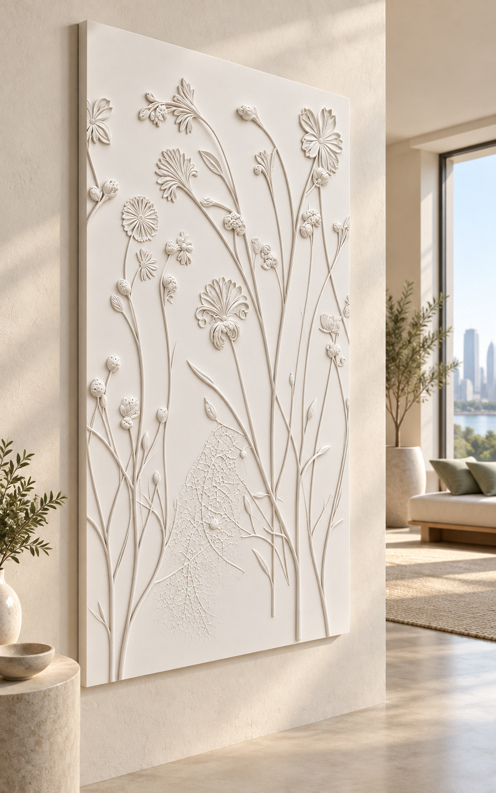 Meadow Stem Reverie Corian Wall Panel in satin white Corian, left view in a Lower Parel wellness room