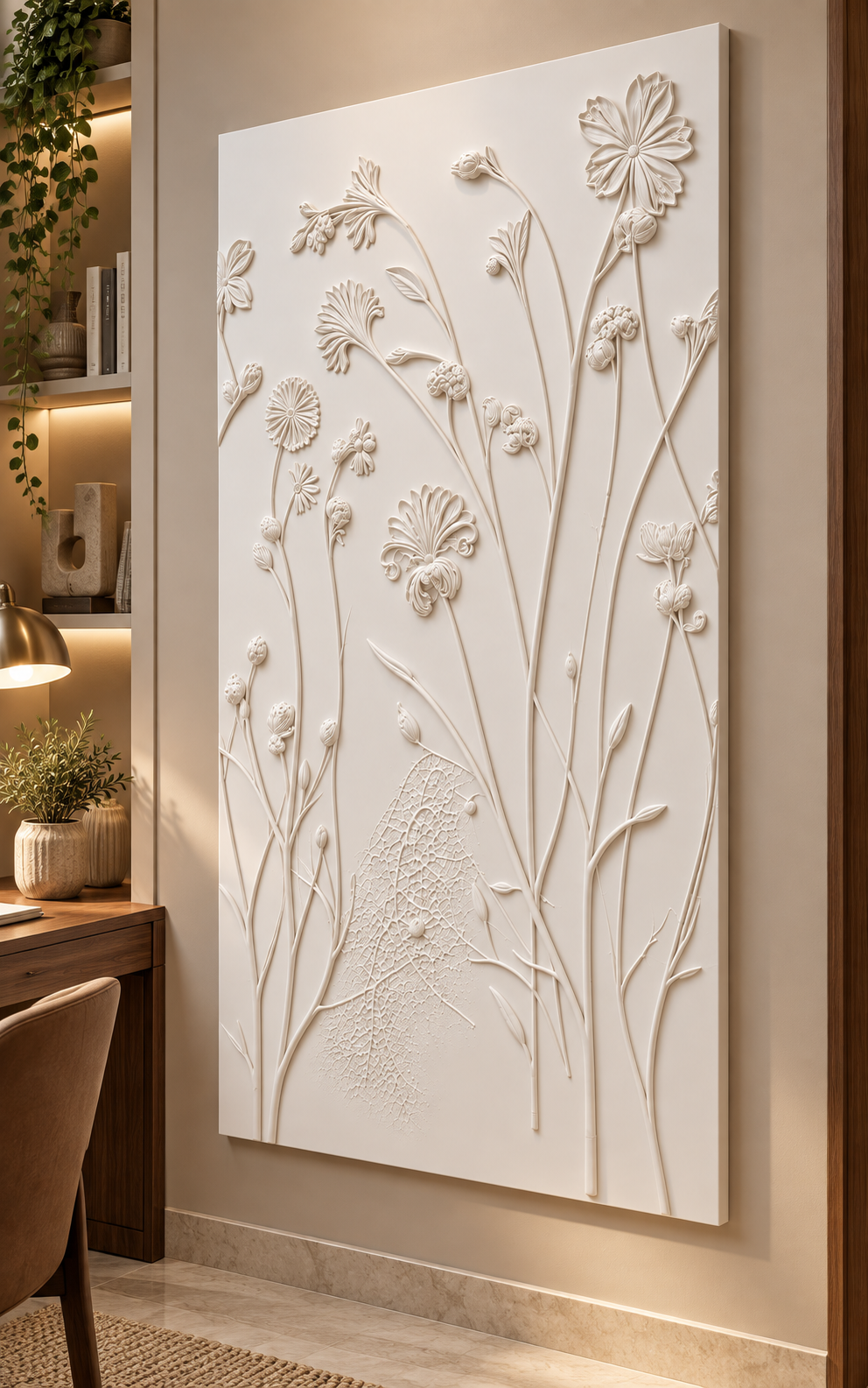 Meadow Stem Reverie Corian Wall Panel in satin white Corian, right view in a Bandra study alcove
