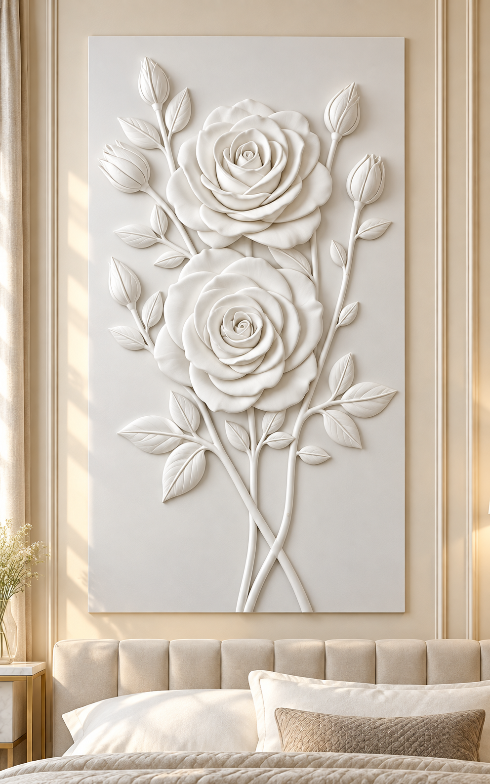 Twin Rose Arbor Corian Wall Panel in satin white Corian, front view in a Malabar Hill bedroom