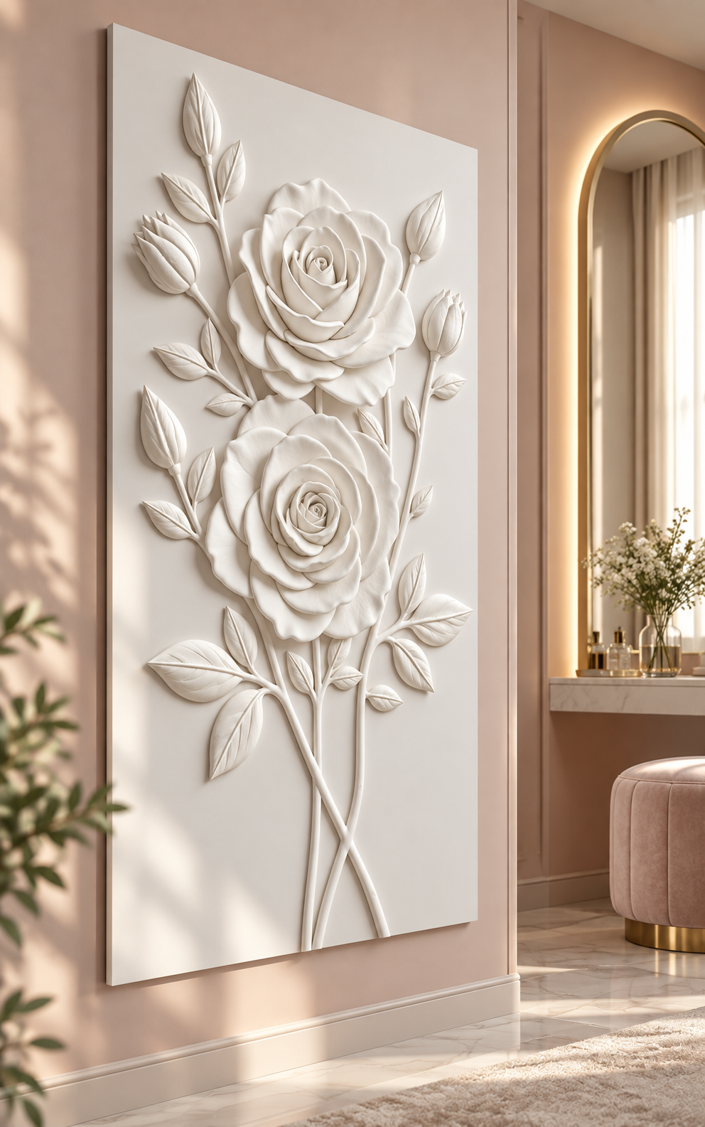 Twin Rose Arbor Corian Wall Panel in satin white Corian, left view in a Juhu dressing lounge