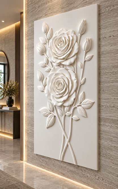 Twin Rose Arbor Corian Wall Panel in satin white Corian, right view in a Powai entrance gallery