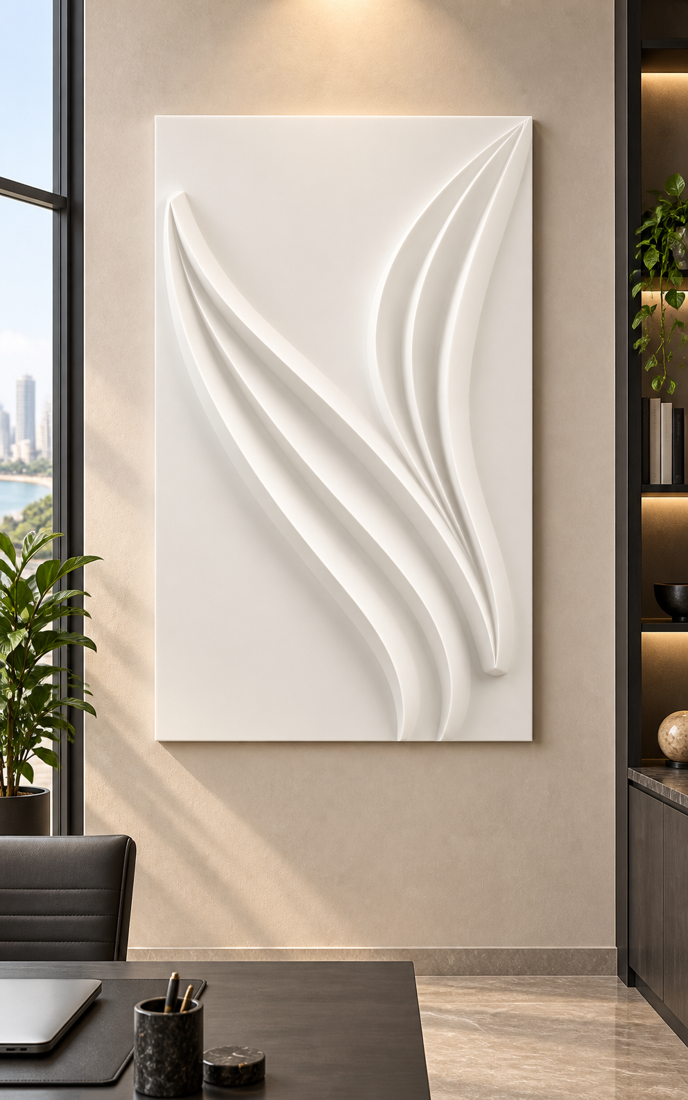 Twin Sail Currents Corian Wall Panel in satin white Corian, front view in a Worli home office