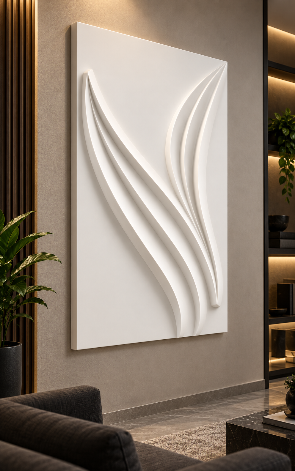 Twin Sail Currents Corian Wall Panel in satin white Corian, left view in a Bandra media lounge