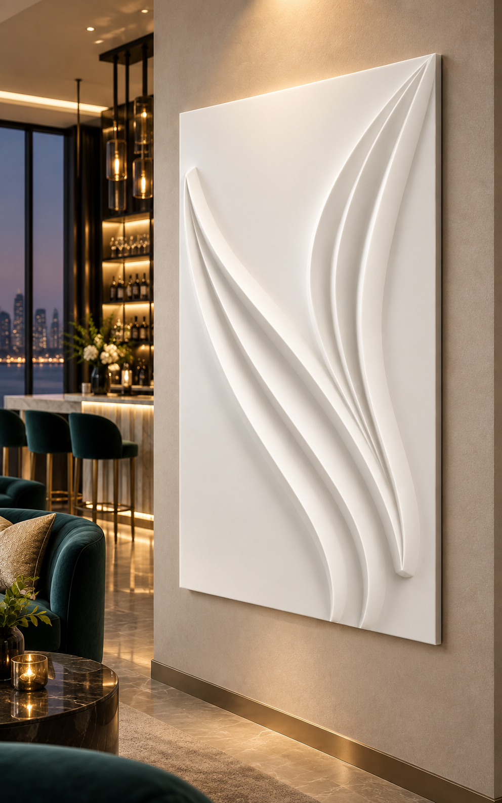 Twin Sail Currents Corian Wall Panel in satin white Corian, right view in a Cuffe Parade cocktail lounge