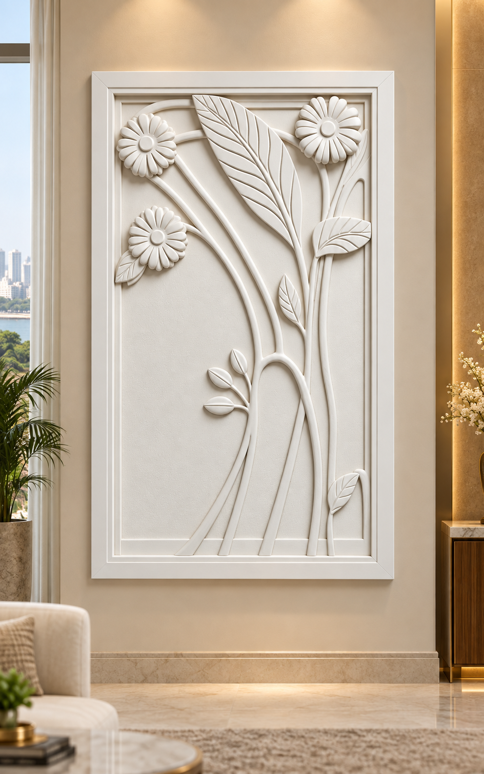 Daisy Stem Ascent Corian Wall Panel in satin white Corian, front view in a Peddar Road family room