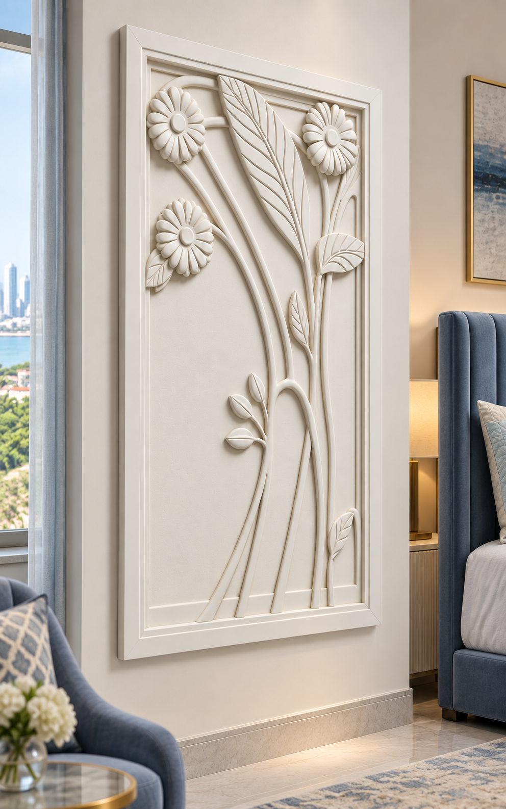 Daisy Stem Ascent Corian Wall Panel in satin white Corian, left view in a Colaba guest bedroom