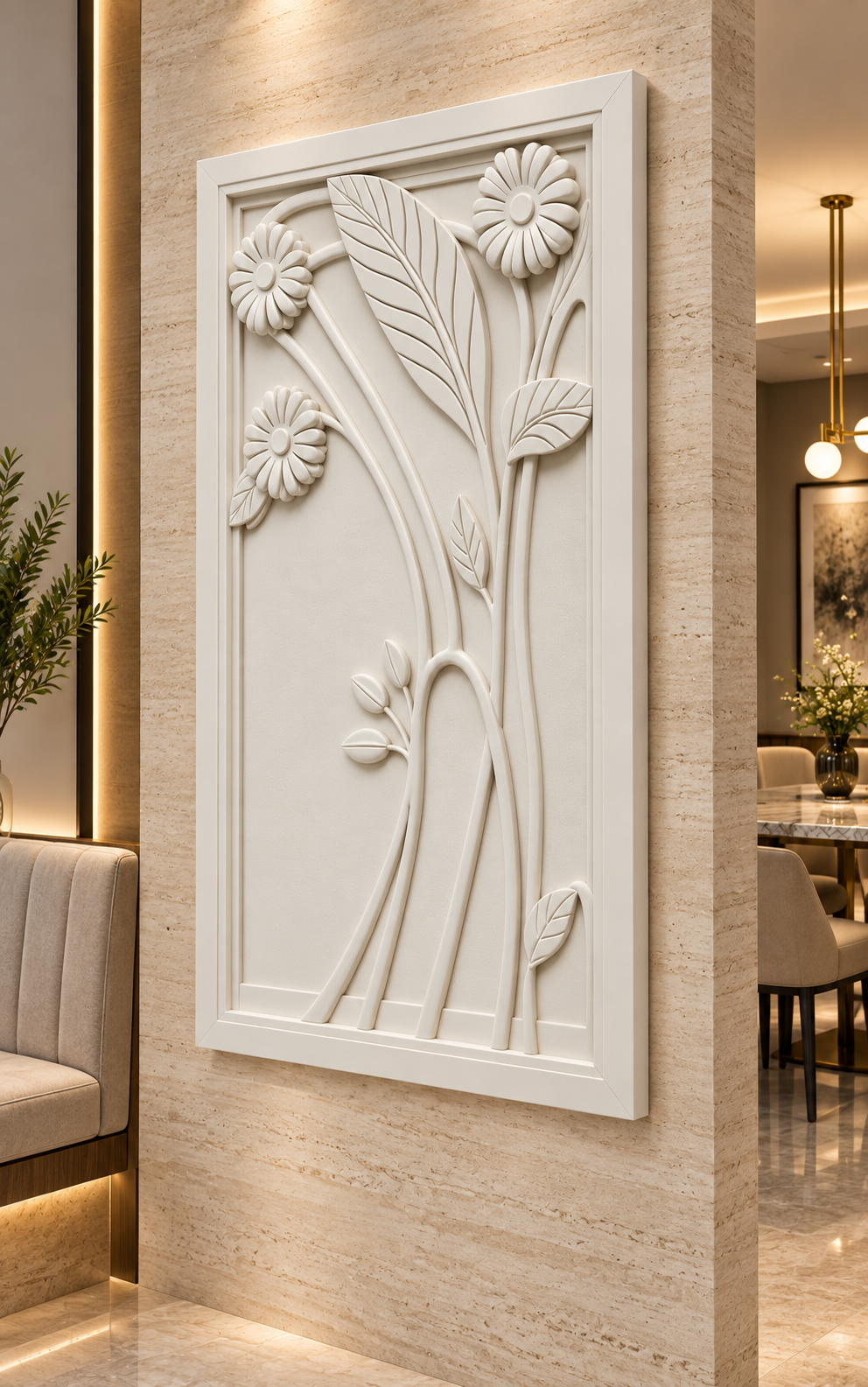 Daisy Stem Ascent Corian Wall Panel in satin white Corian, right view in a BKC dining passage