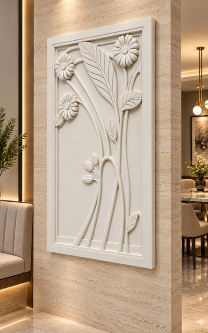 Daisy Stem Ascent Corian Wall Panel in satin white Corian, right view in a BKC dining passage