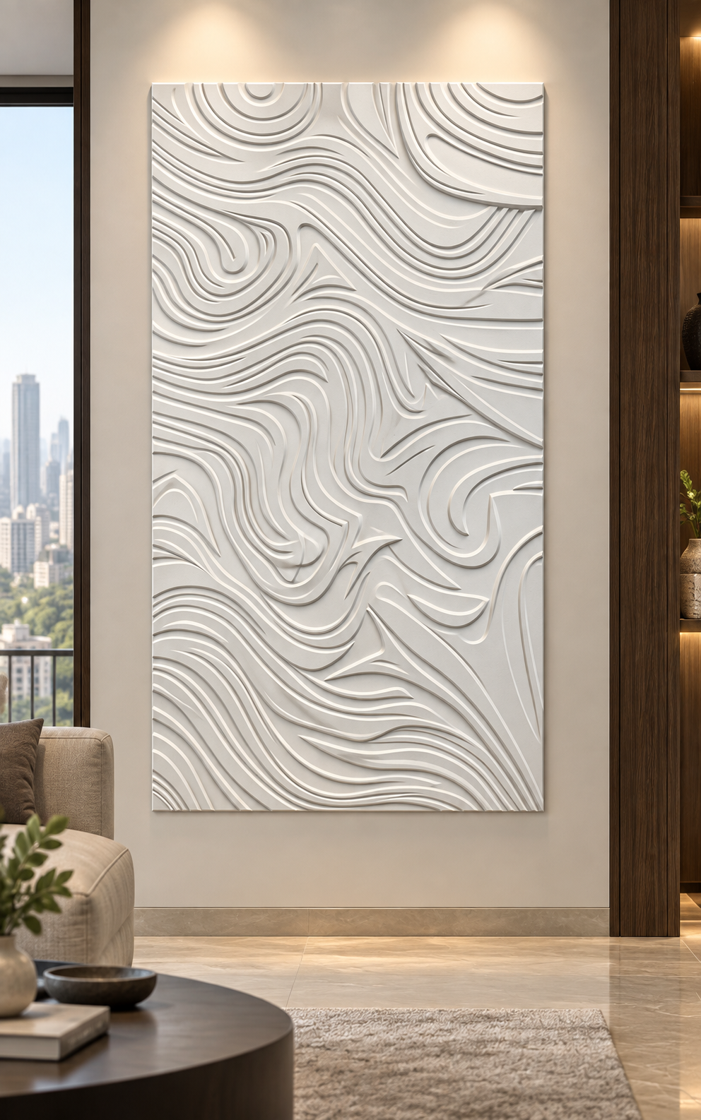 Contour Tide Field Corian Wall Panel in satin white Corian, front view in a Lower Parel living room