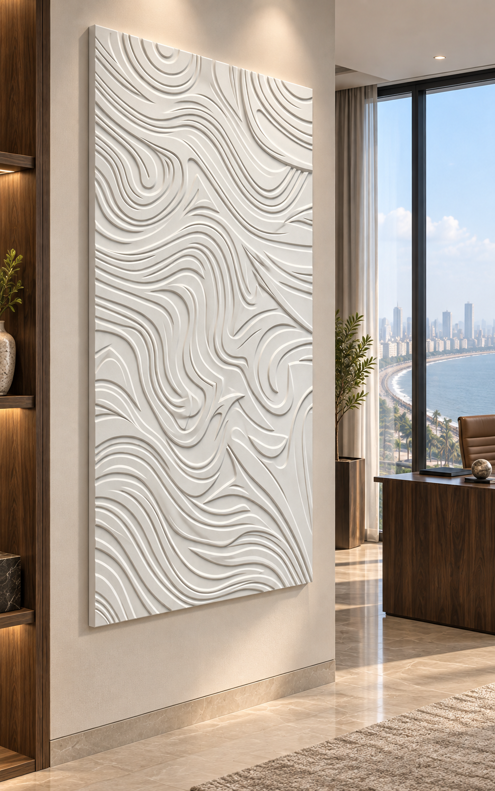 Contour Tide Field Corian Wall Panel in satin white Corian, left view in a Marine Drive study