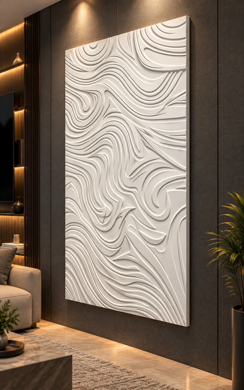 Contour Tide Field Corian Wall Panel in satin white Corian, right view in a Juhu media room